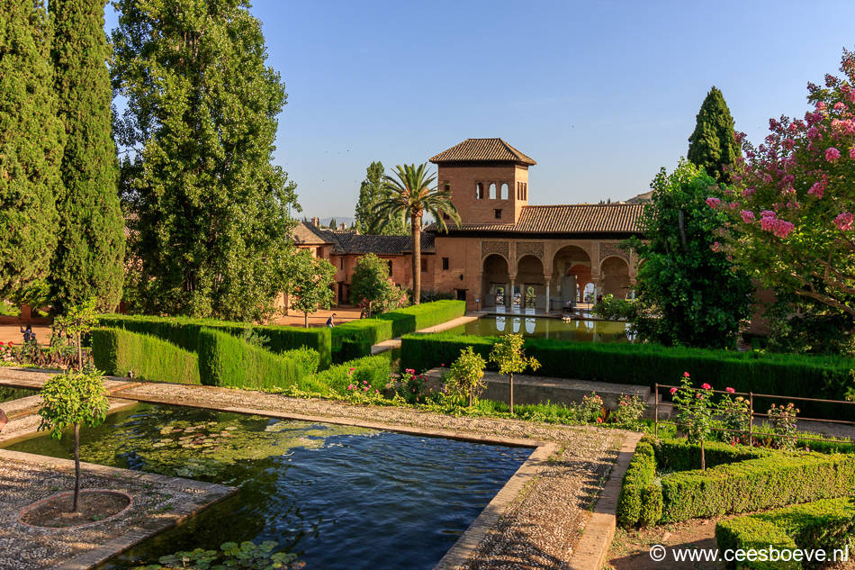 Uitzicht op Palacio del Partal, vijvers en tuin in het Alhambra